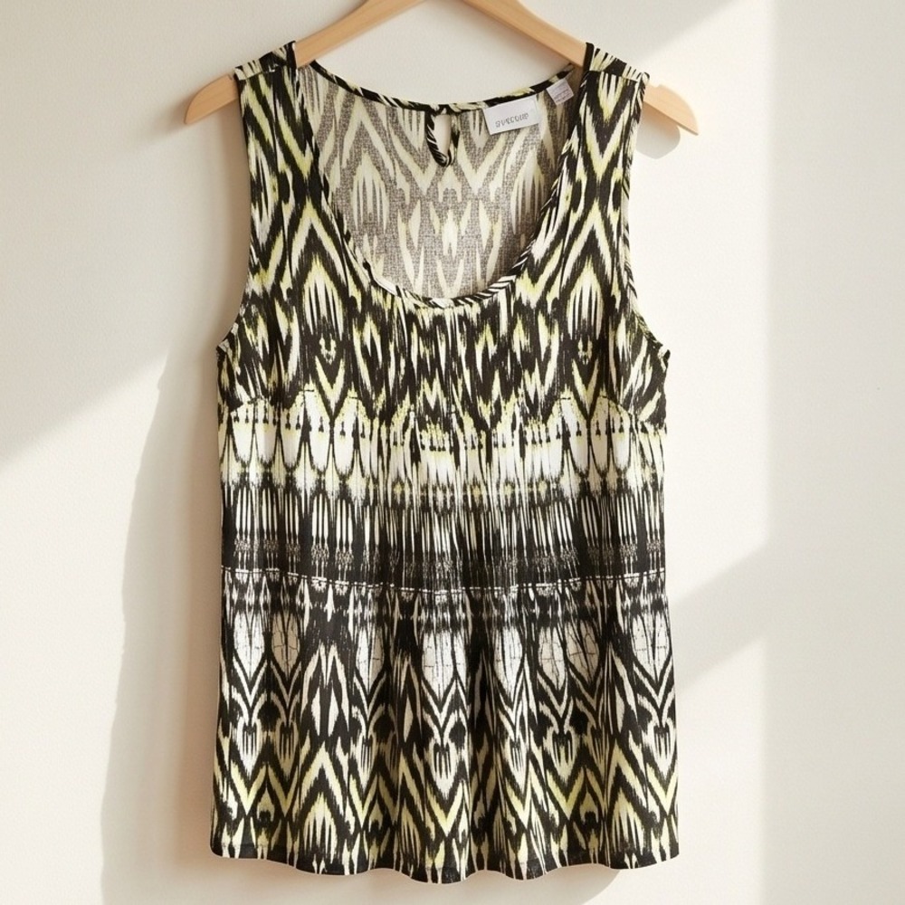 Avenue‎ Womens Plus 18/20 Tank Top Black Yellow Ikat Sleeveless Rayon Blouse